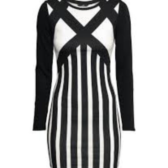 H&M Midi Dress S Black and White Stripe Pattern Long Sleeves - Picture 1 of 3